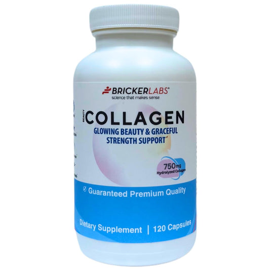 Bricker Labs Collagen bottle with capsules for daily skin and joint support.