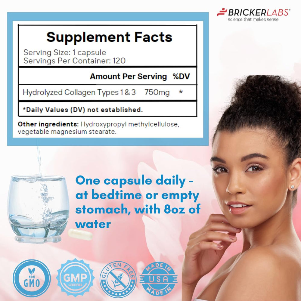 Nails with Bricker Labs Collagen bottle on a vanity.