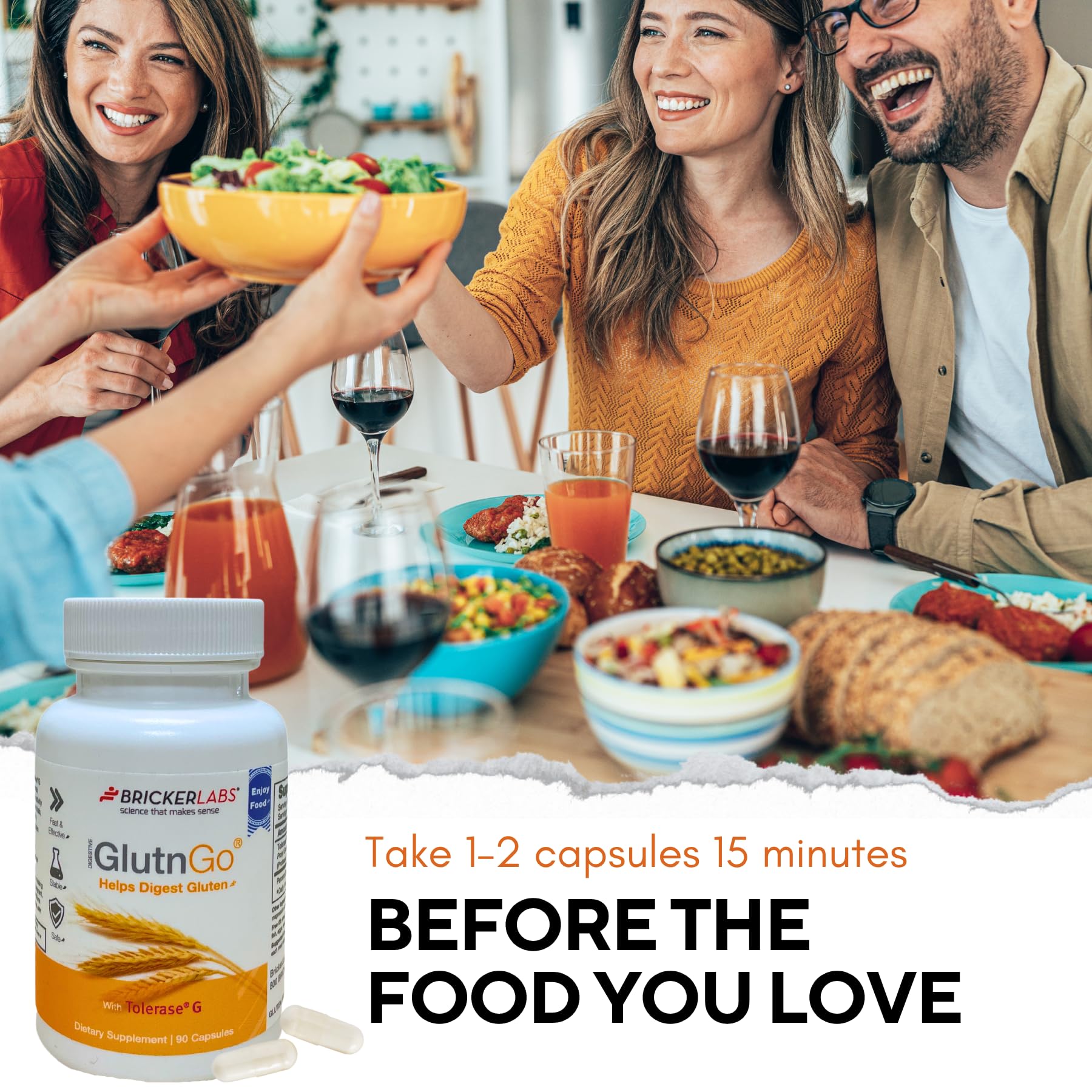 Bricker Labs GlutnGo next to gluten-free meal option