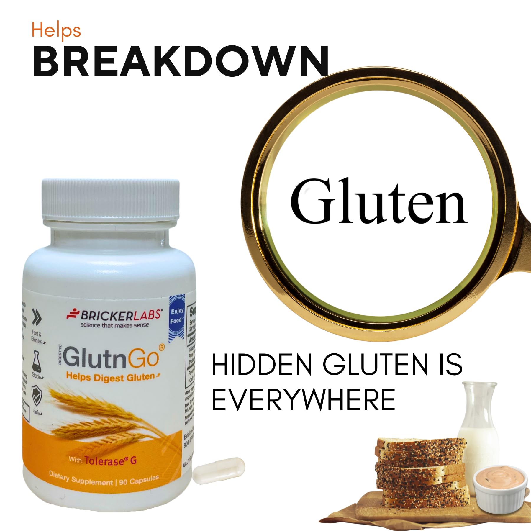 GlutnGo packaging shows Tolerase G enzyme for gluten digestion