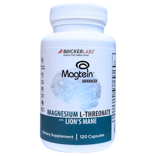 Bricker Labs Magtein® & Lion's Mane bottle promotes brain health support.