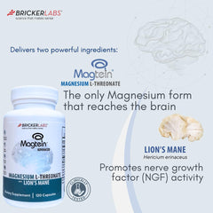 Bricker Labs Magtein® Lion's Mane label highlights quality testing for brain health support.