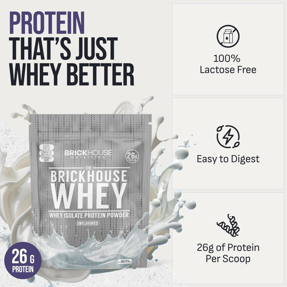 BRICKHOUSE NUTRITION fermented whey isolate being poured into a shaker bottle.