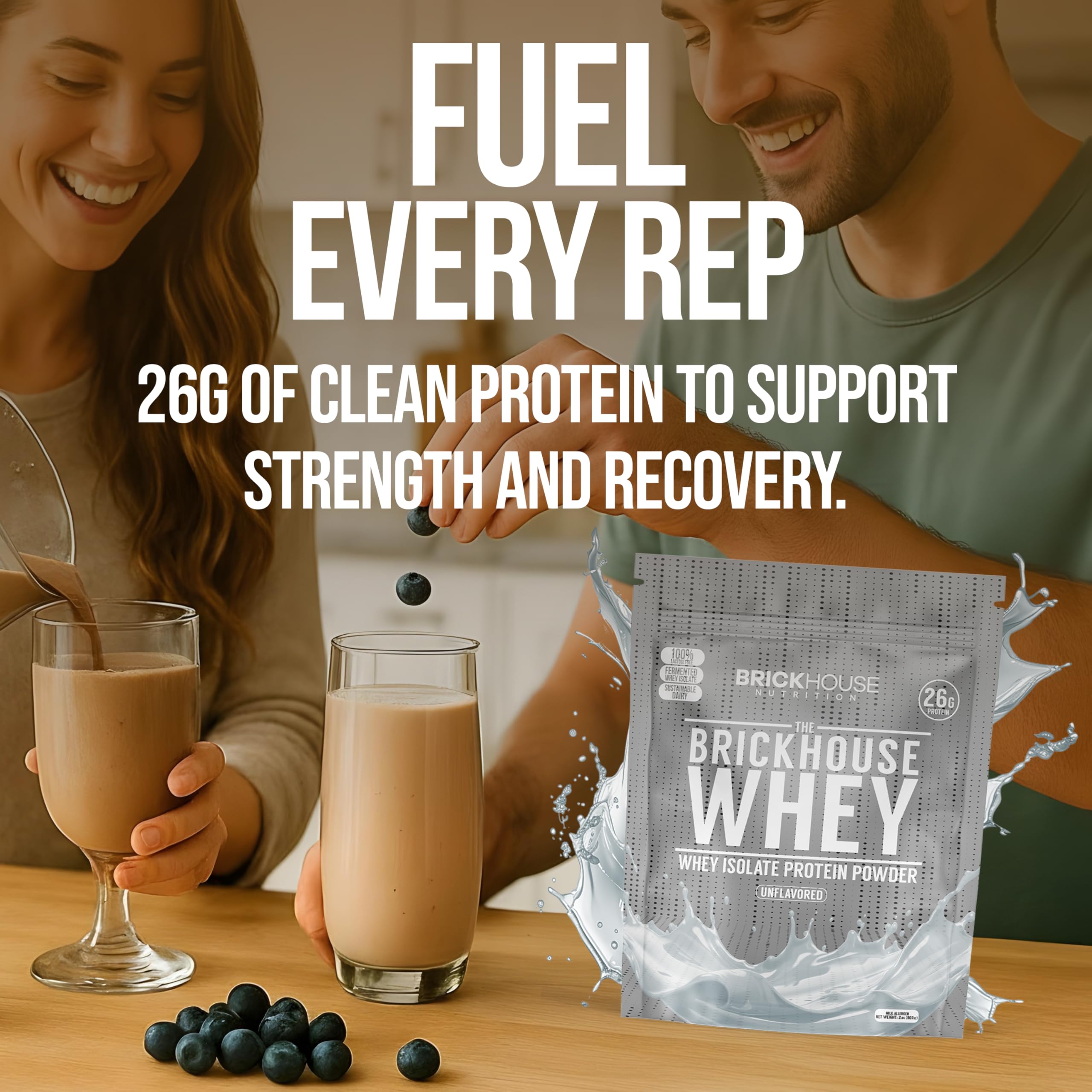 Close-up of BRICKHOUSE NUTRITION label highlighting lactose-free, enzyme-enhanced formula.