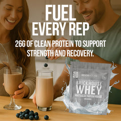Close-up of BRICKHOUSE NUTRITION label highlighting lactose-free, enzyme-enhanced formula.