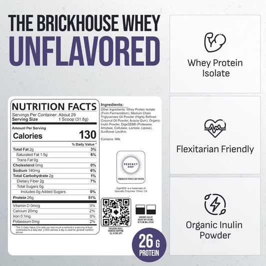 BRICKHOUSE NUTRITION whey isolate scoop beside a jar for post-workout fueling.