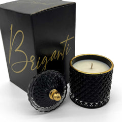 BRIGANTI Coconut Island candle lid on a black glass jar for stored fragrance.