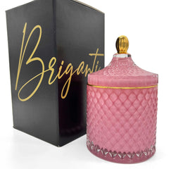 BRIGANTI large-pink-candle in a studded-glass-jar for elegant decor and aromatherapy.