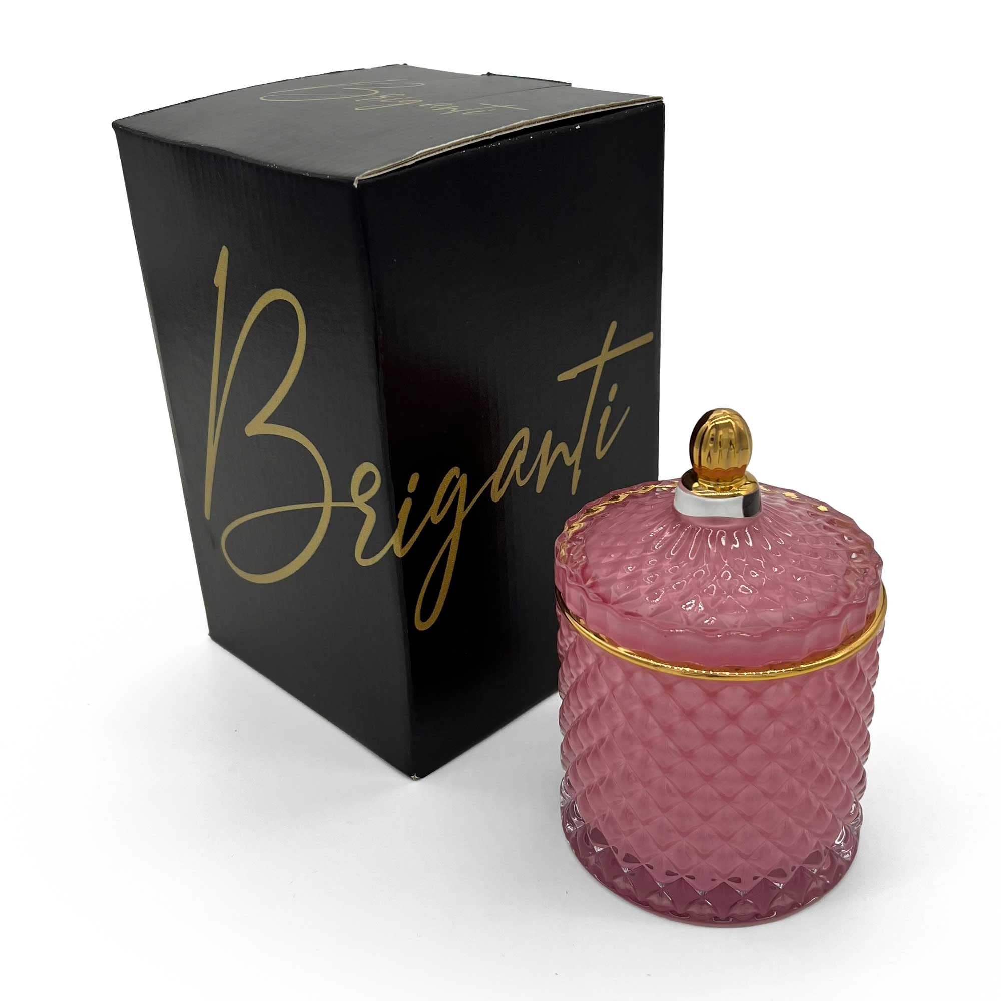 BRIGANTI Pomegranate Bliss pink glass jar candle with a gold rim adds elegance.