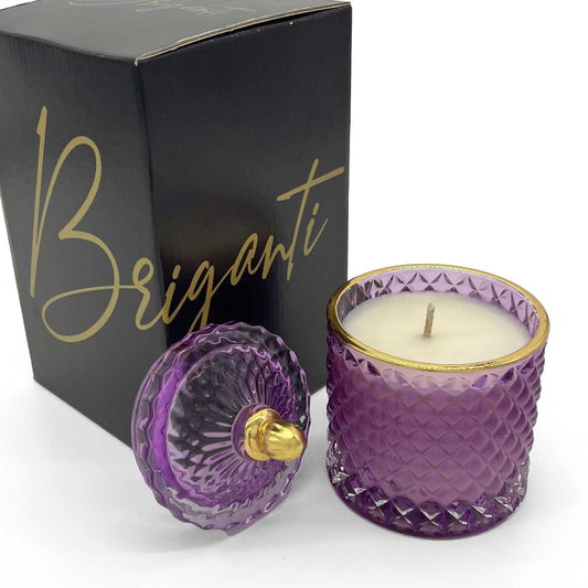 BRIGANTI Vanilla Cupcake soy candle in violet glass jar creates calming ambiance.