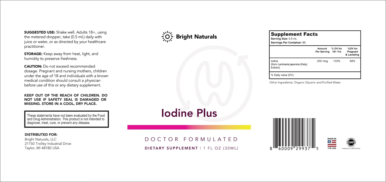 Close-up of Iodine Plus label with product information