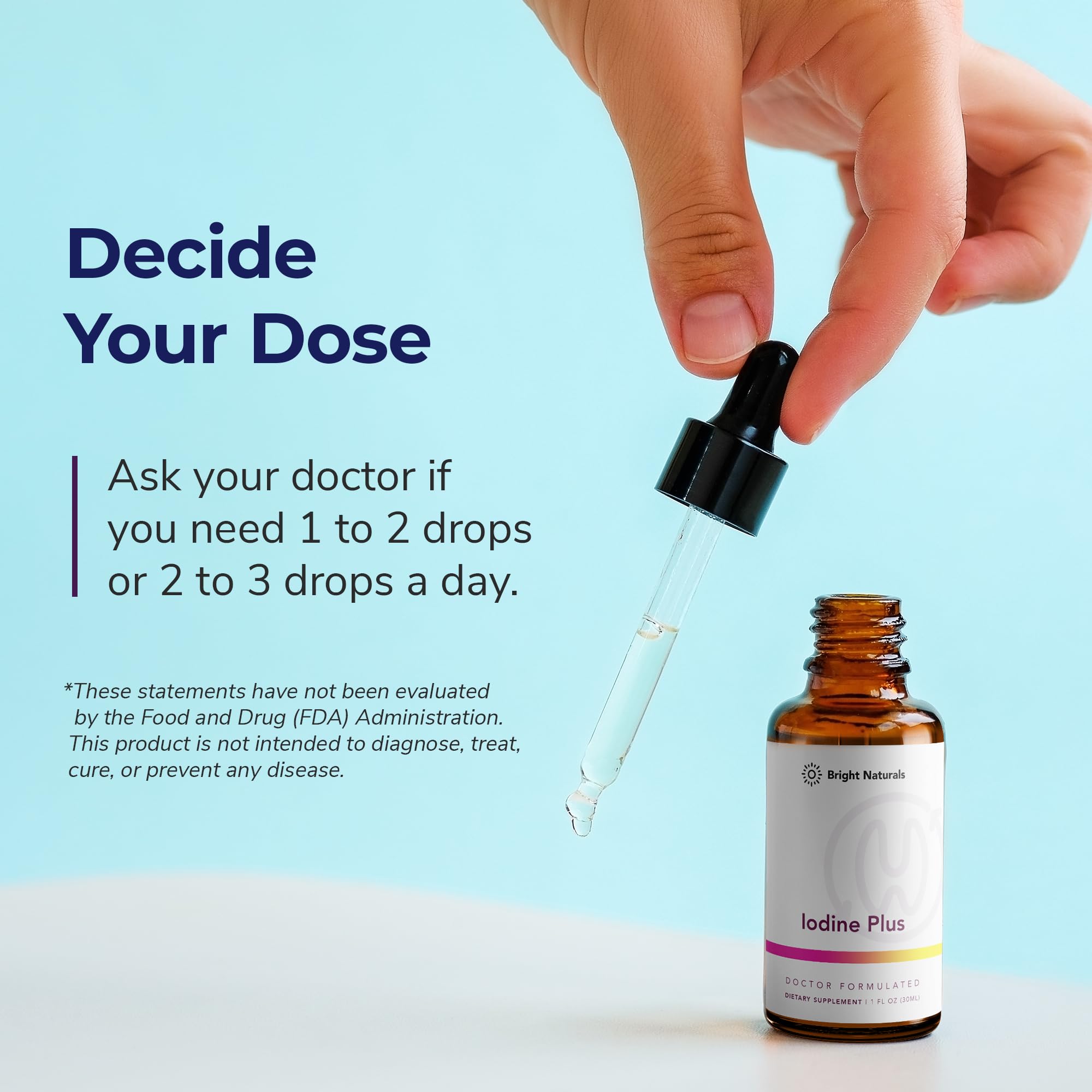 Glass bottle of Bright Naturals Iodine Plus on a clean surface
