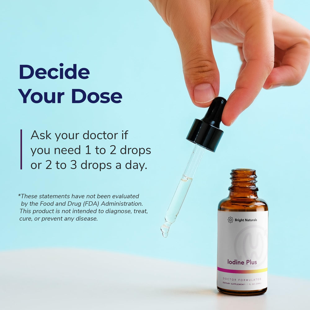 Glass bottle of Bright Naturals Iodine Plus on a clean surface