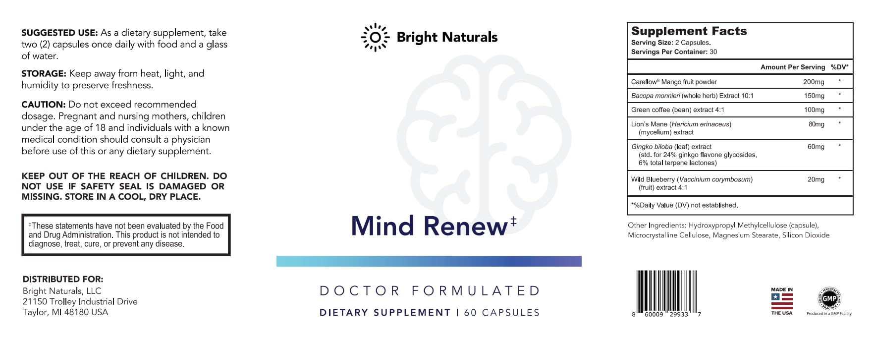 Bright Naturals Mind Renew capsule closeup against a calm background suggesting steady energy.