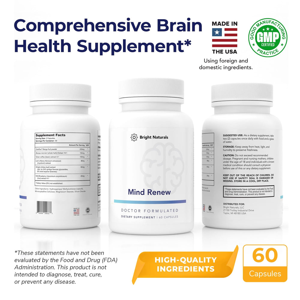 Bright Naturals Mind Renew label closeup highlighting brain-support ingredients.