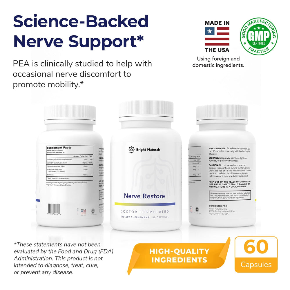 Pea ingredient focus in Bright Naturals Nerve Restore formula.