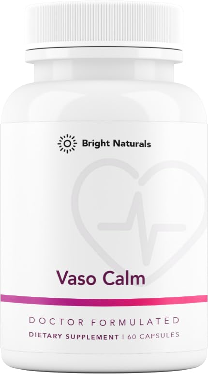 Bright Naturals Vaso Calm bottle and capsules for blood flow support.