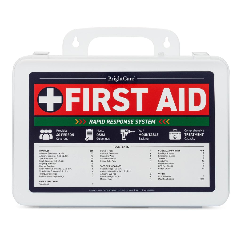 BrightCare wall-mount first aid kit with hardware for secure workspace safety.