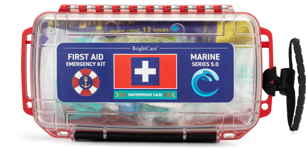 BrightCare marine first-aid kit with waterproof case kept dry on deck