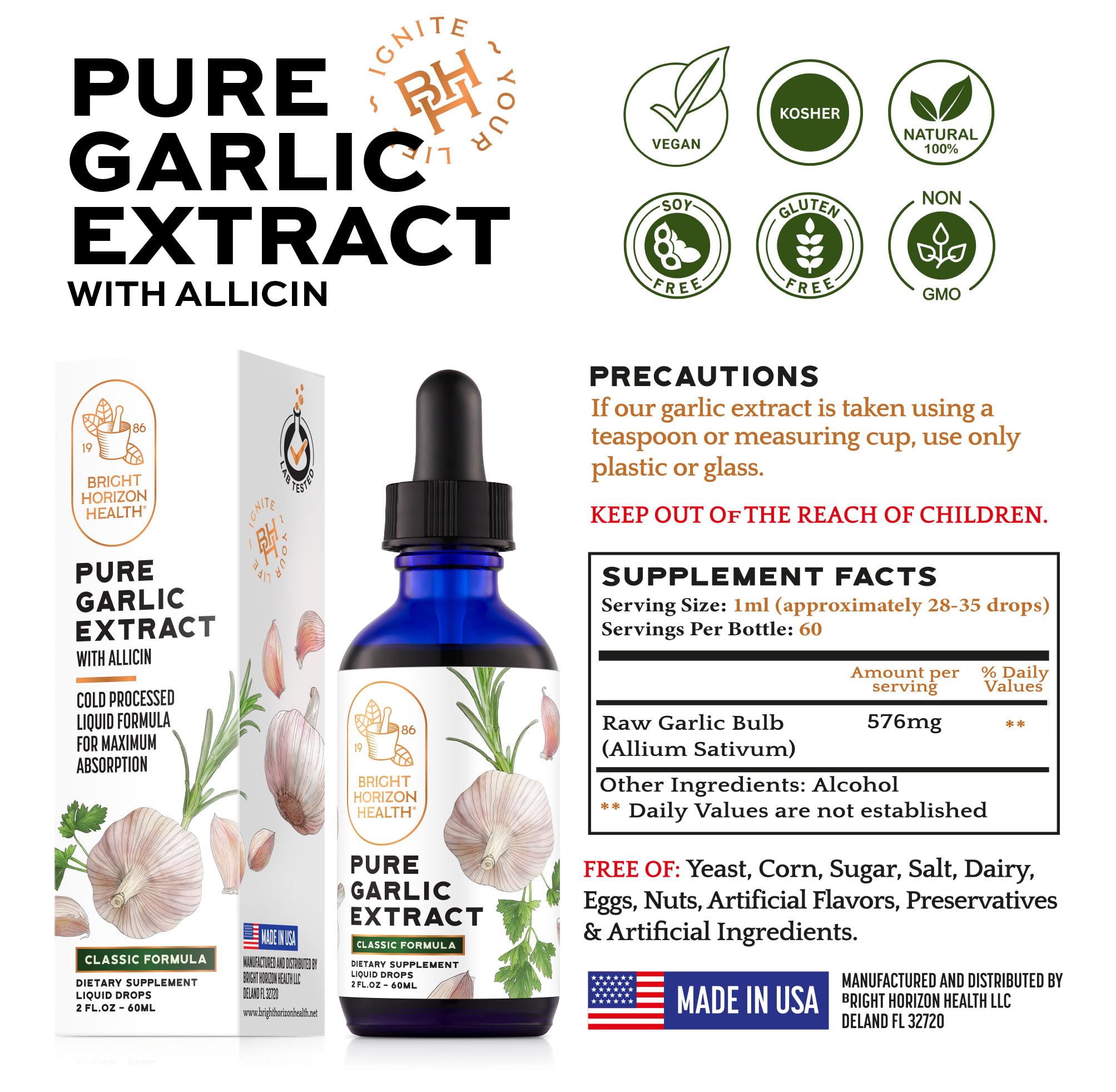 Bright Horizon Health Pure Garlic Extract highlights allicin content in bottle