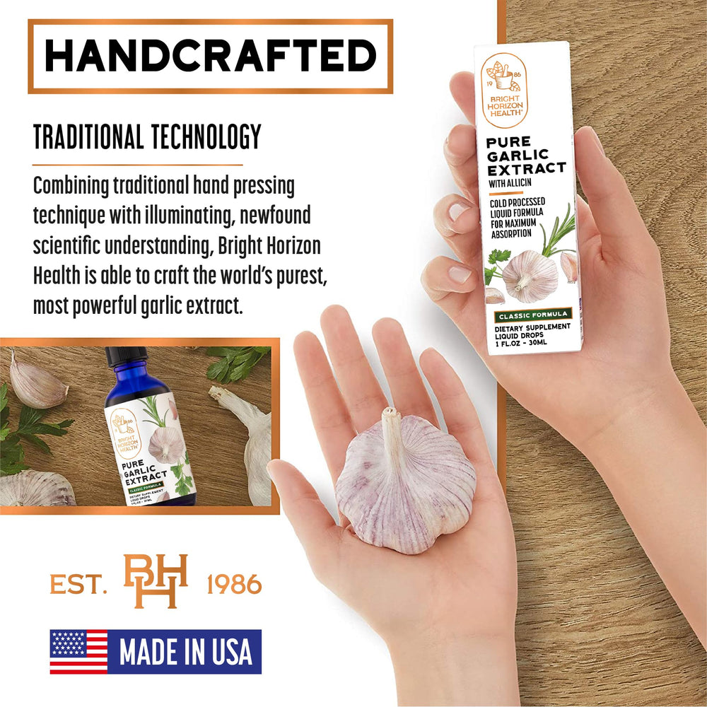 Bright Horizon Health Pure Garlic Extract bottle close-up emphasizes cold-processing freshness