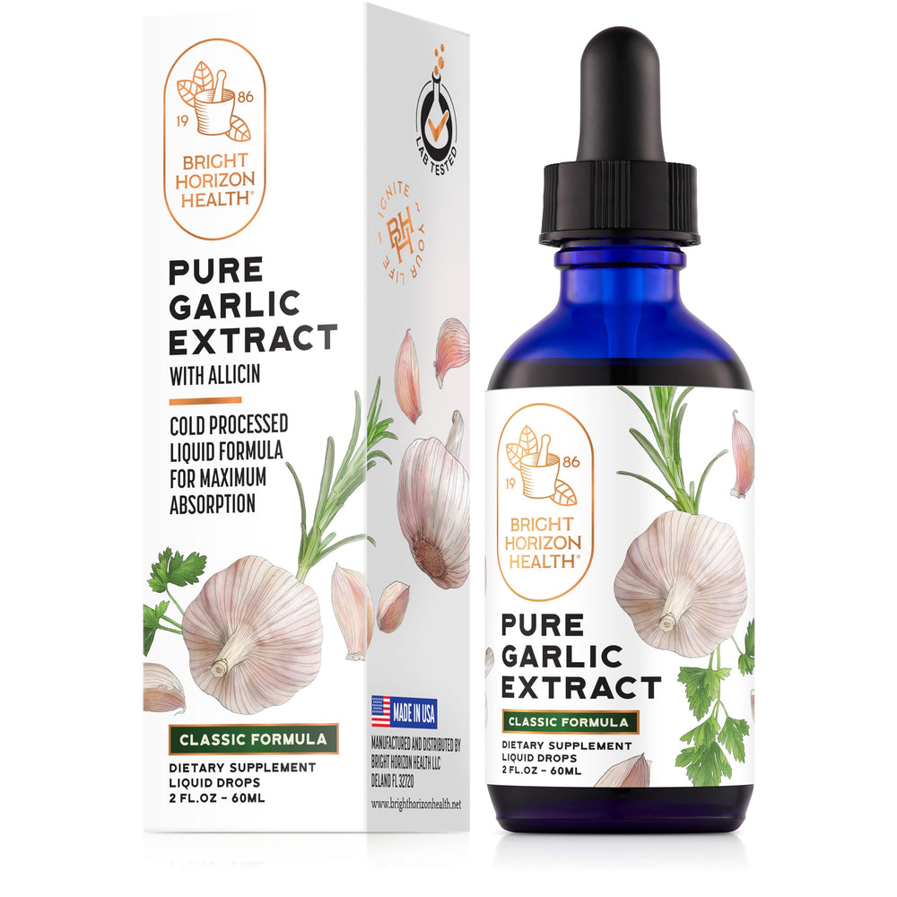 Bright Horizon Health Pure Garlic Extract bottle pour—classic formula for daily use