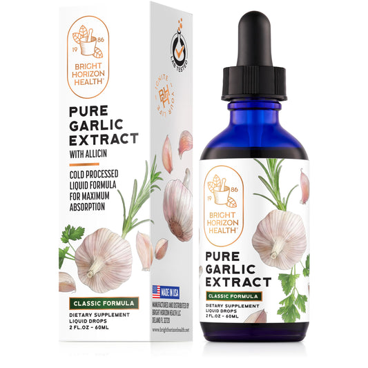 Bright Horizon Health Pure Garlic Extract bottle pour—classic formula for daily use