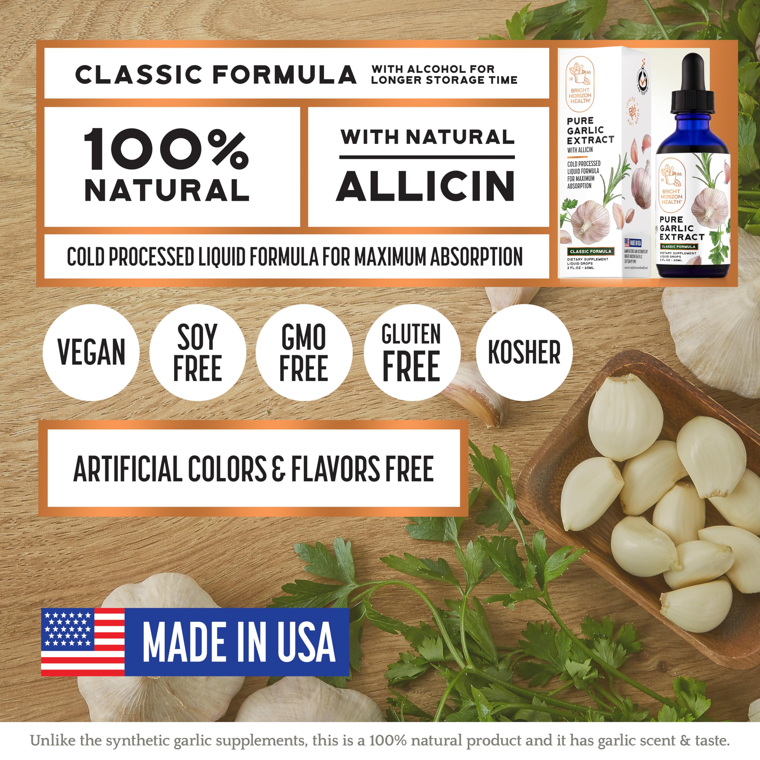BRIGHT HORIZON HEALTH Pure Garlic Extract label close-up shows two-ingredient formula