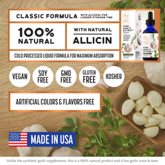 BRIGHT HORIZON HEALTH Pure Garlic Extract label close-up shows two-ingredient formula