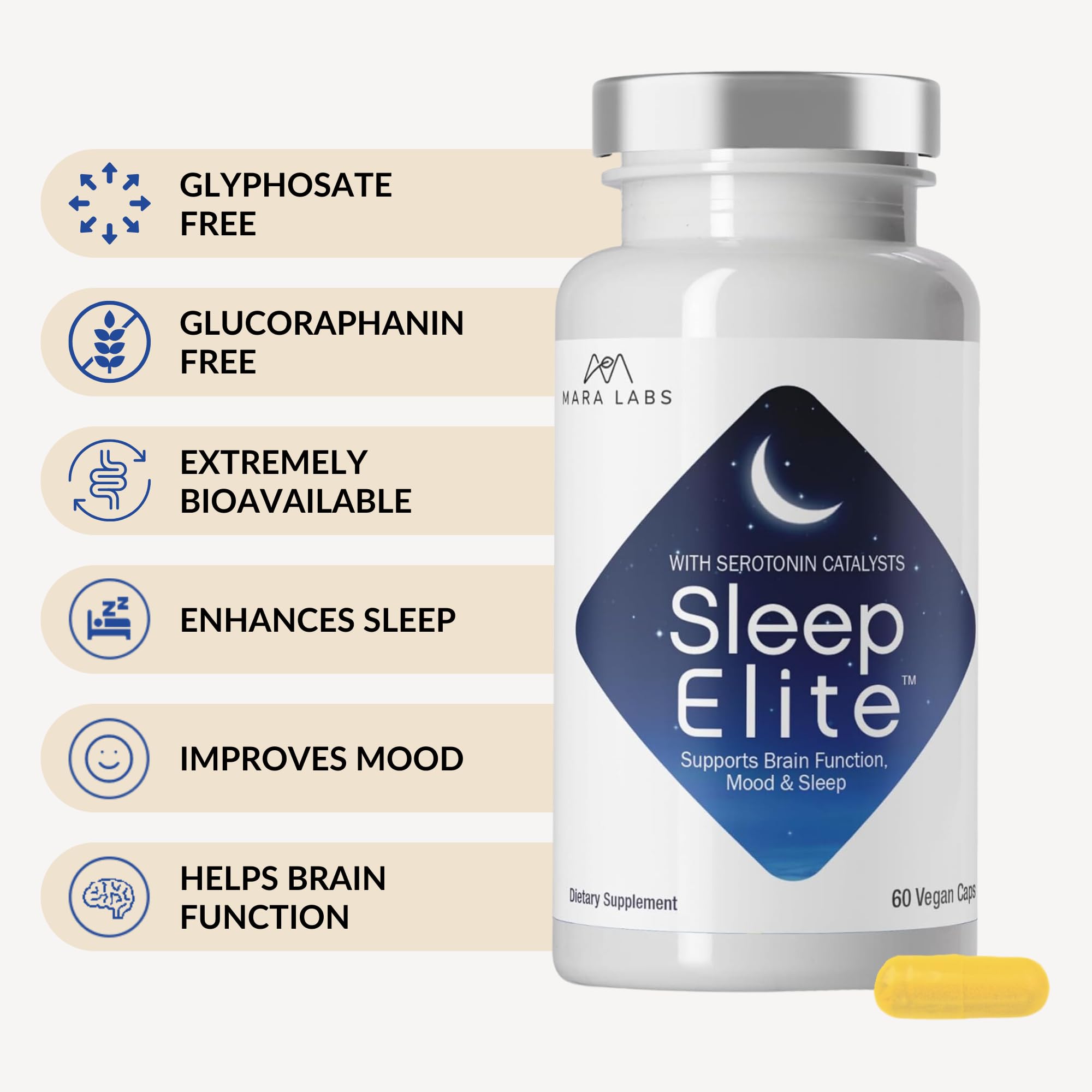 SleepElite capsules visible with broccoli seed complex for cellular support.