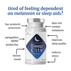 SleepElite bottle noting absence of melatonin for natural sleep pathways.