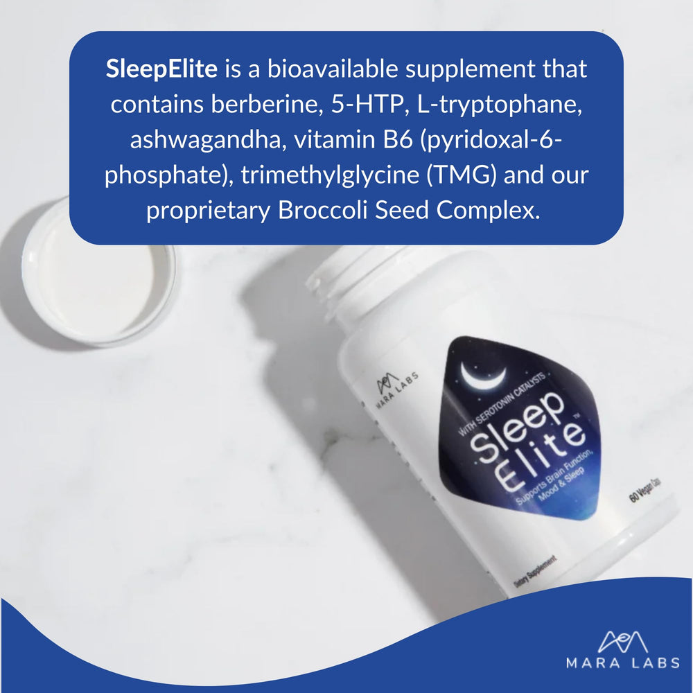 SleepElite packaging highlights L-tryptophan, 5-HTP, and ashwagandha for calm mind.