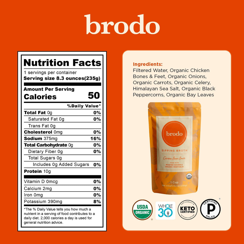 Brodo 6-pack broth set on kitchen shelf.