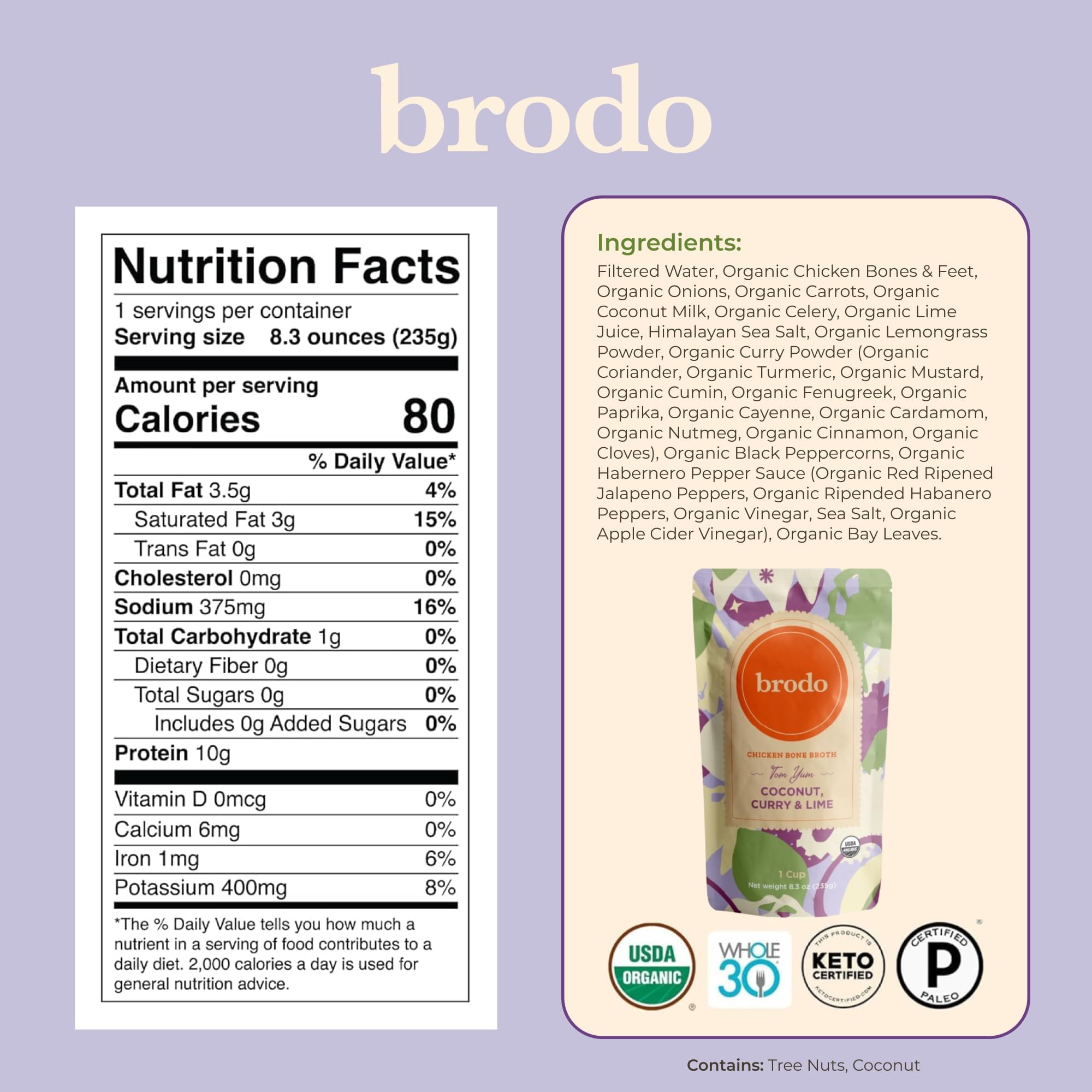 Pour-ready Brodo broth bottle with mug imagery for on-the-go nourishment.