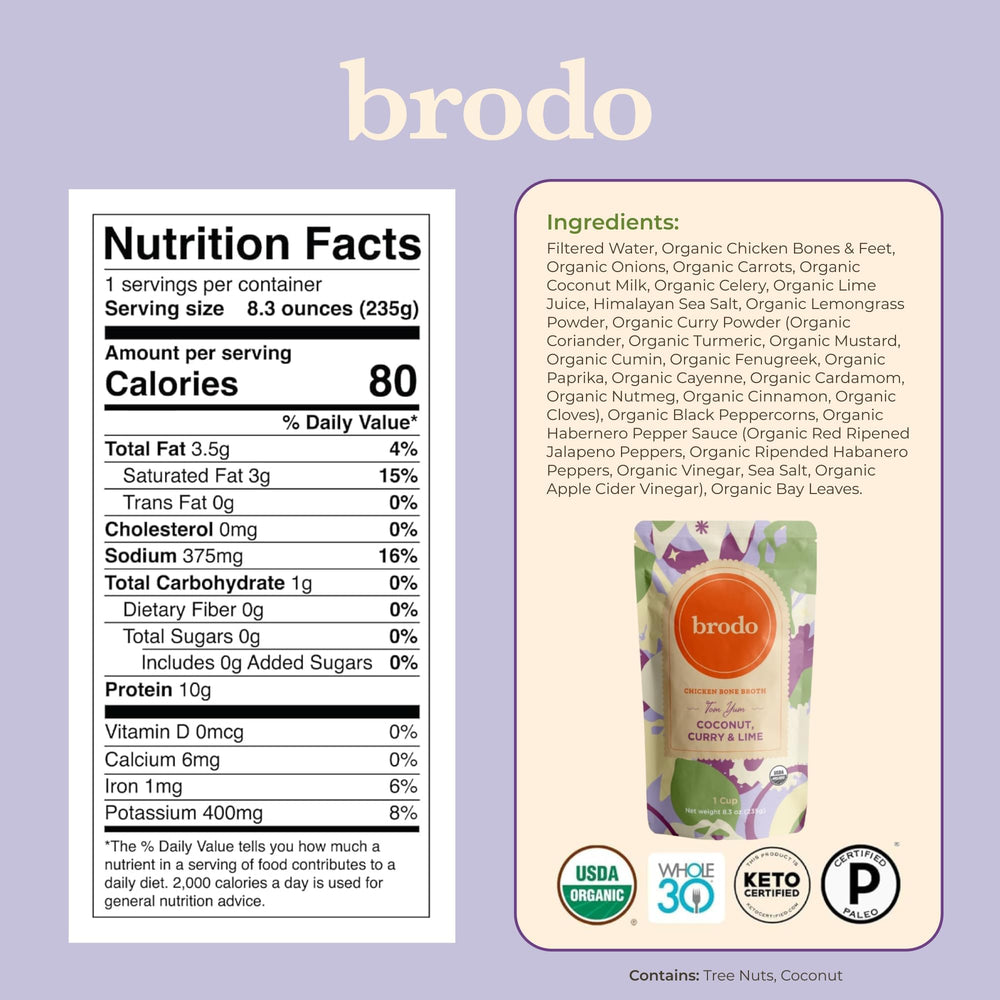 Pour-ready Brodo broth bottle with mug imagery for on-the-go nourishment.