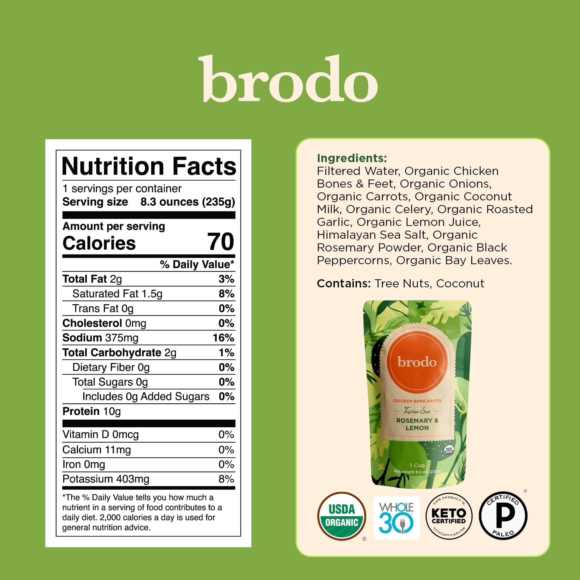 Brodo Chicken Broth bottle, slow-simmered flavor with collagen for everyday soups.
