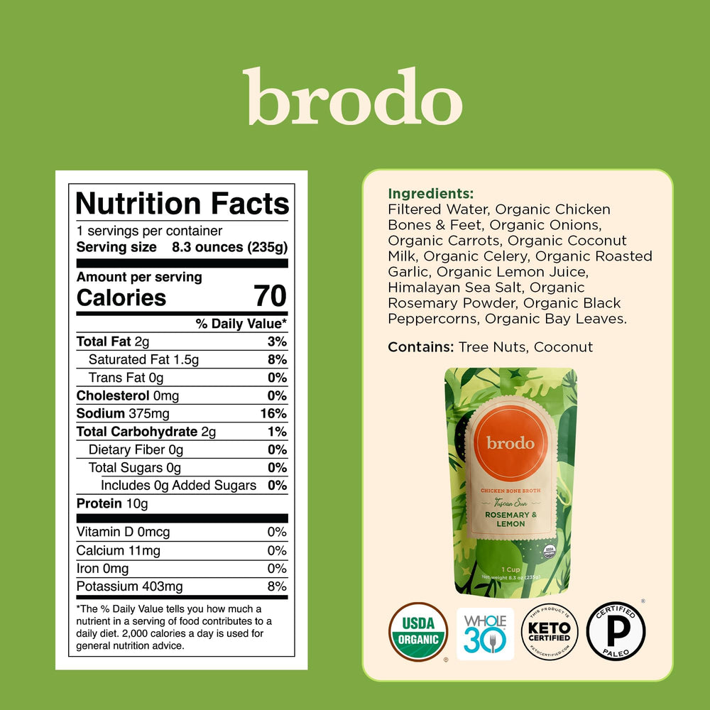 Brodo Chicken Broth bottle, slow-simmered flavor with collagen for everyday soups.