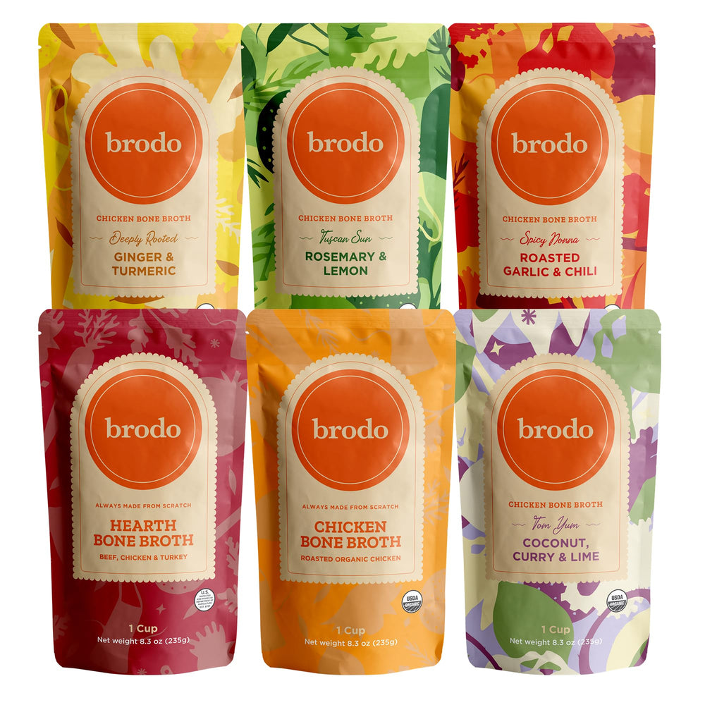 Brodo Ginger & Turmeric collagen broth bottle for a comforting mug sip or soup base.