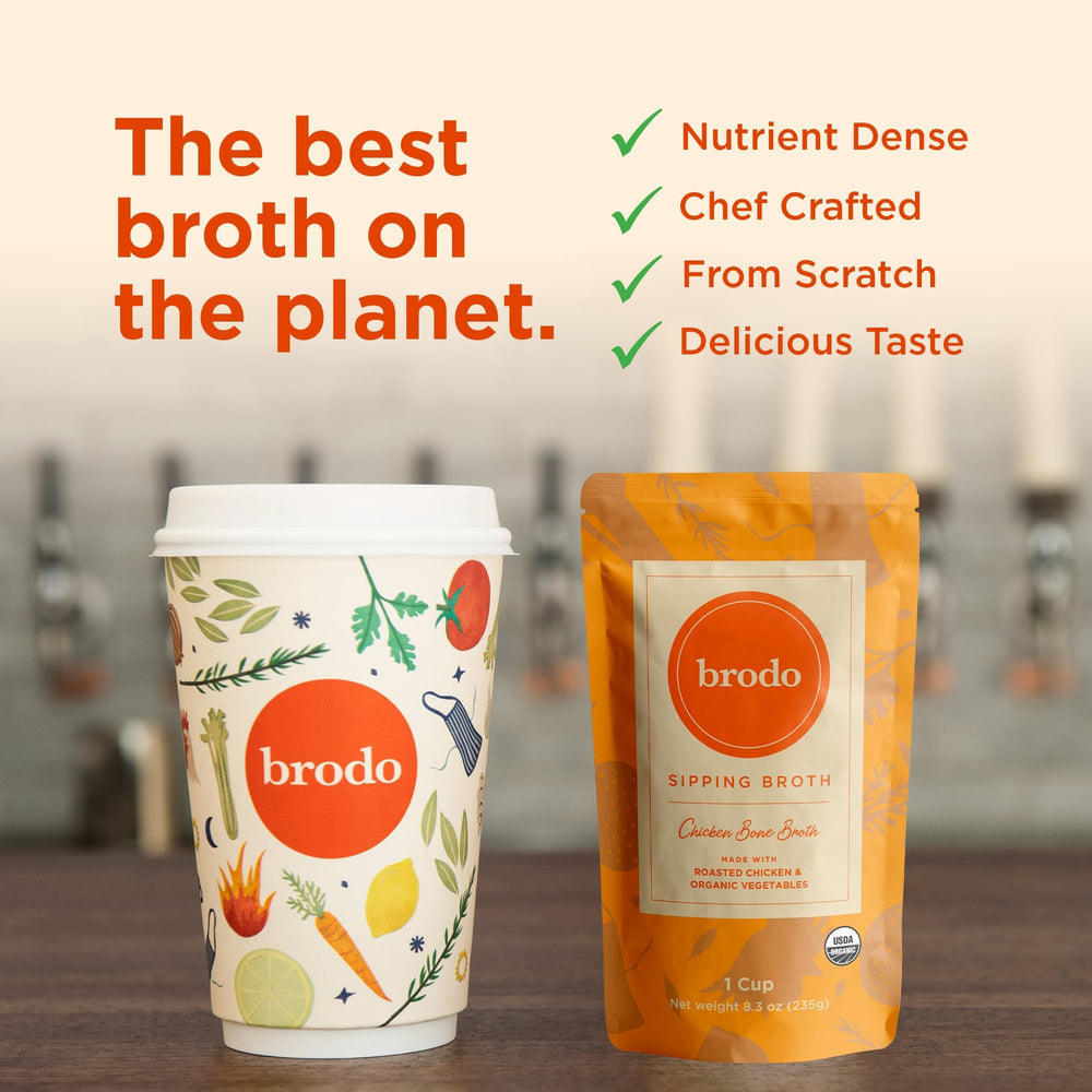 Brodo ready-to-heat bone broth pouch for on-the-go nourishment.