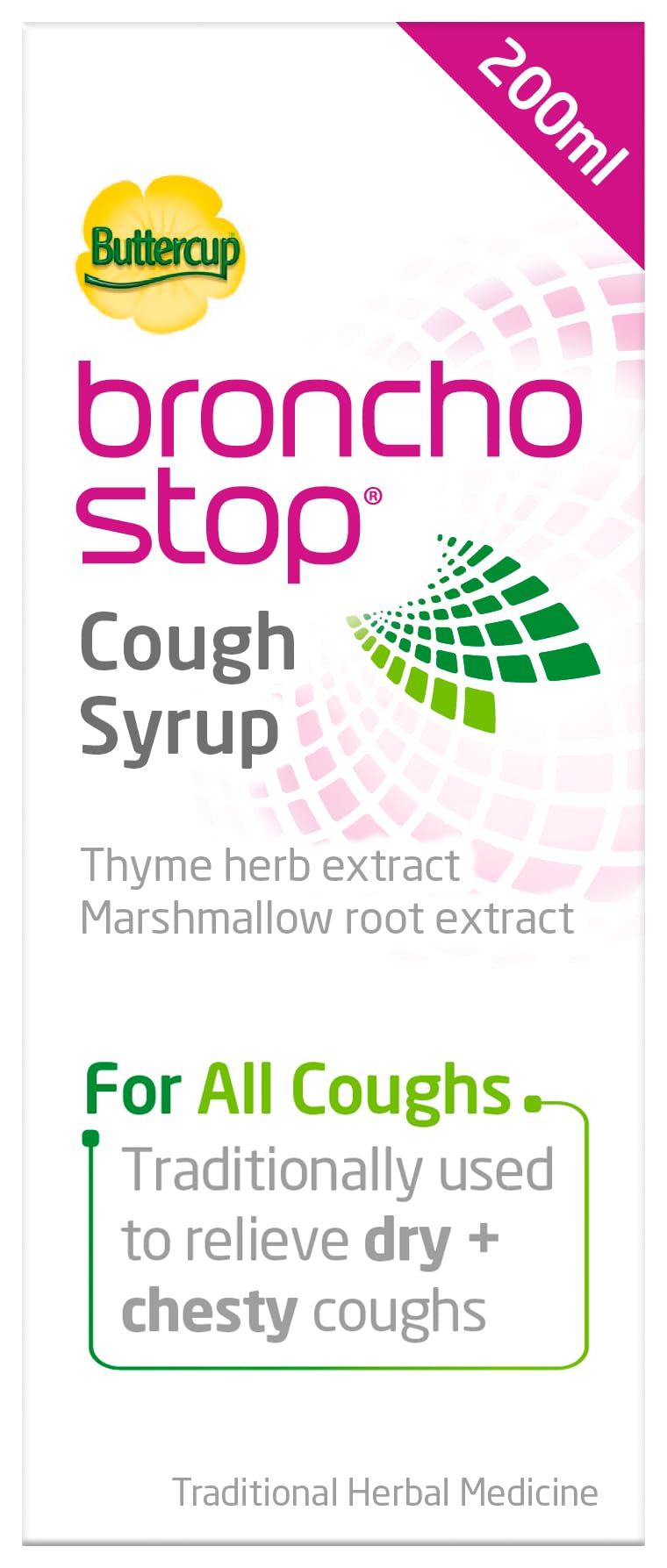 Bronchostop Buttercup Syrup bottle for chesty cough relief