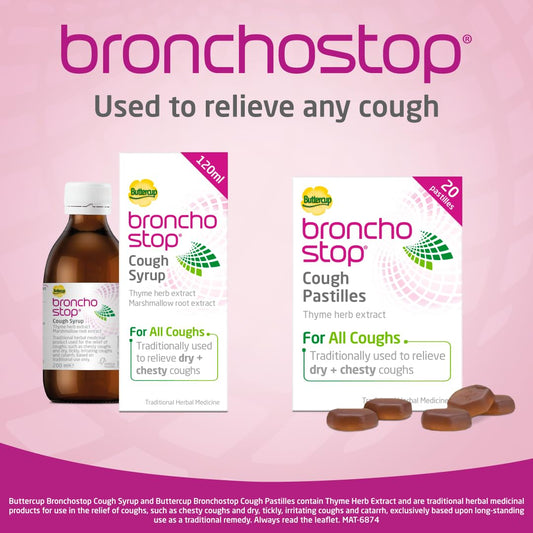 Bronchostop Buttercup Syrup being poured into a cup for easy dosing