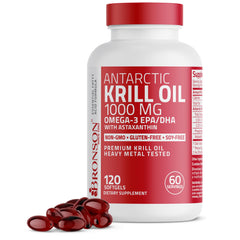 Bronson Antarctic Krill Oil 1000mg softgels in bottle, omega-3 rich for daily cardiovascular support.
