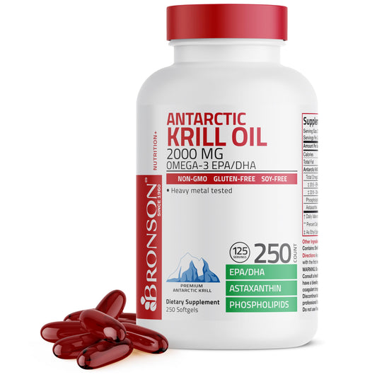 Bronson Antarctic Krill Oil bottle highlights Antarctic sourcing and 2000 mg per serving.