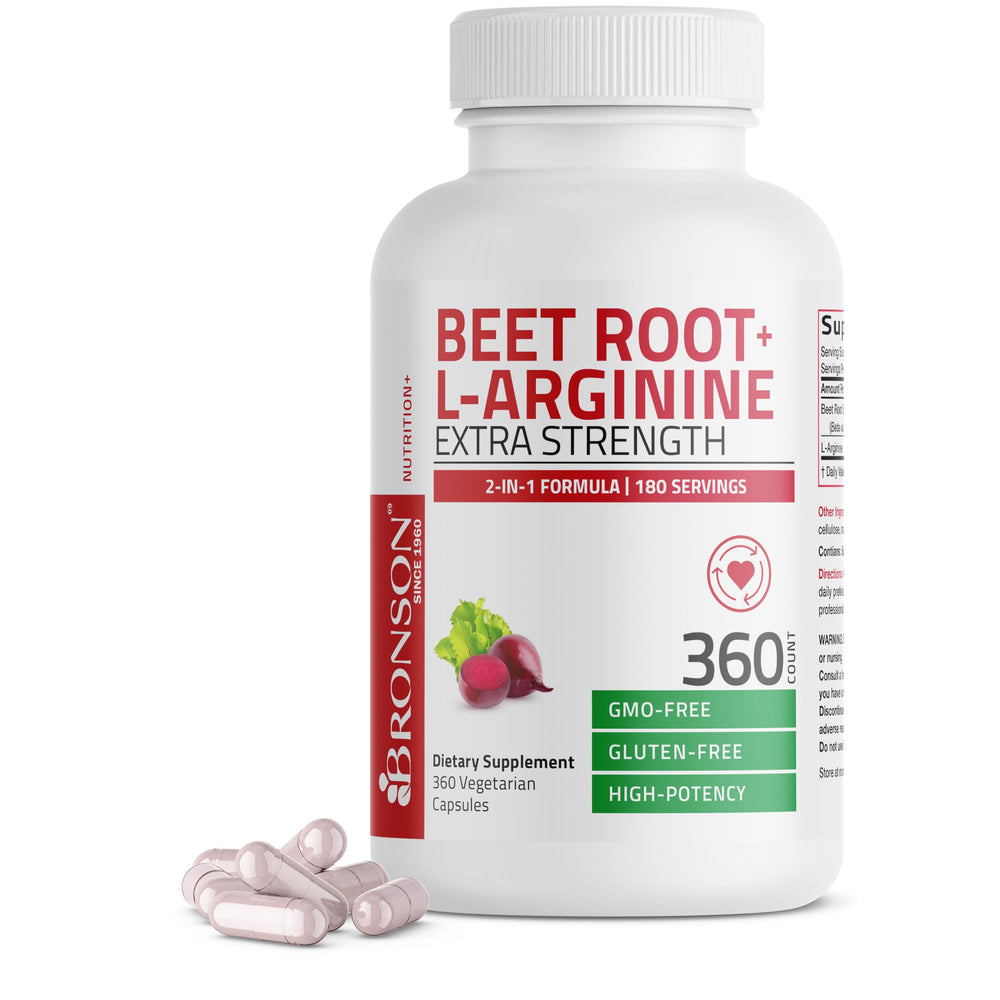 Bronson Beet Root L-Arginine capsules in a bottle ready for daily use, supporting potential stamina.
