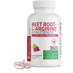 Bronson Beet Root L-Arginine capsules in a bottle ready for daily use, supporting potential stamina.