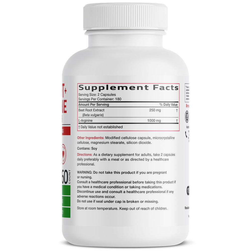 Closeup of Bronson Beet Root L-Arginine capsules highlighting ingredients.