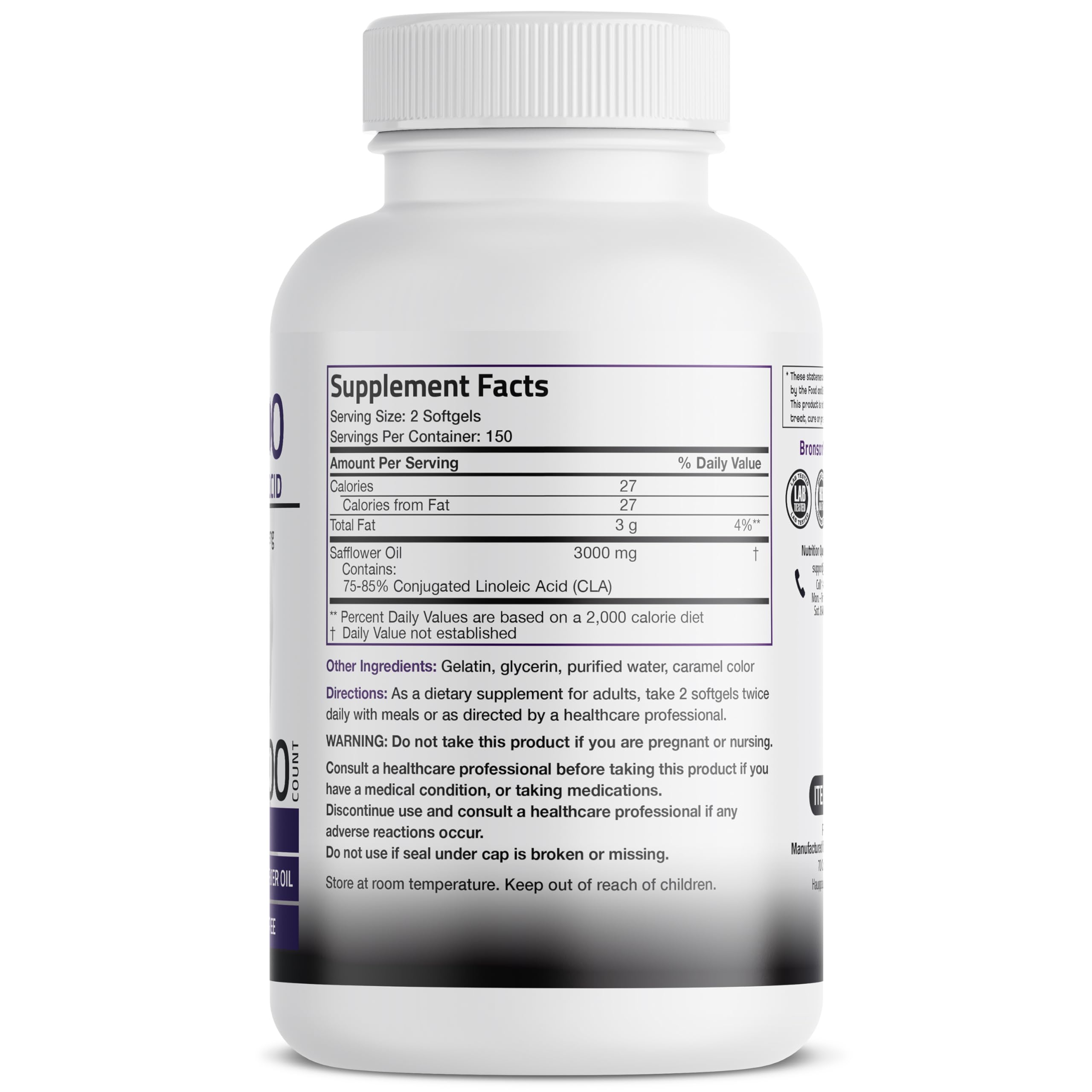 Bronson CLA 3000 bottle back label with supplement facts for informed use.