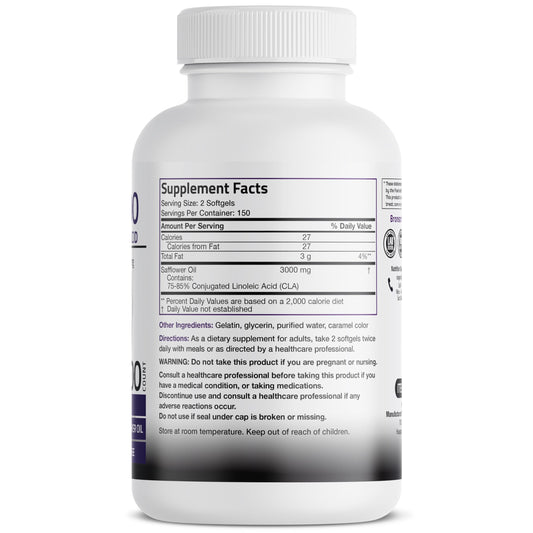 Bronson CLA 3000 bottle back label with supplement facts for informed use.
