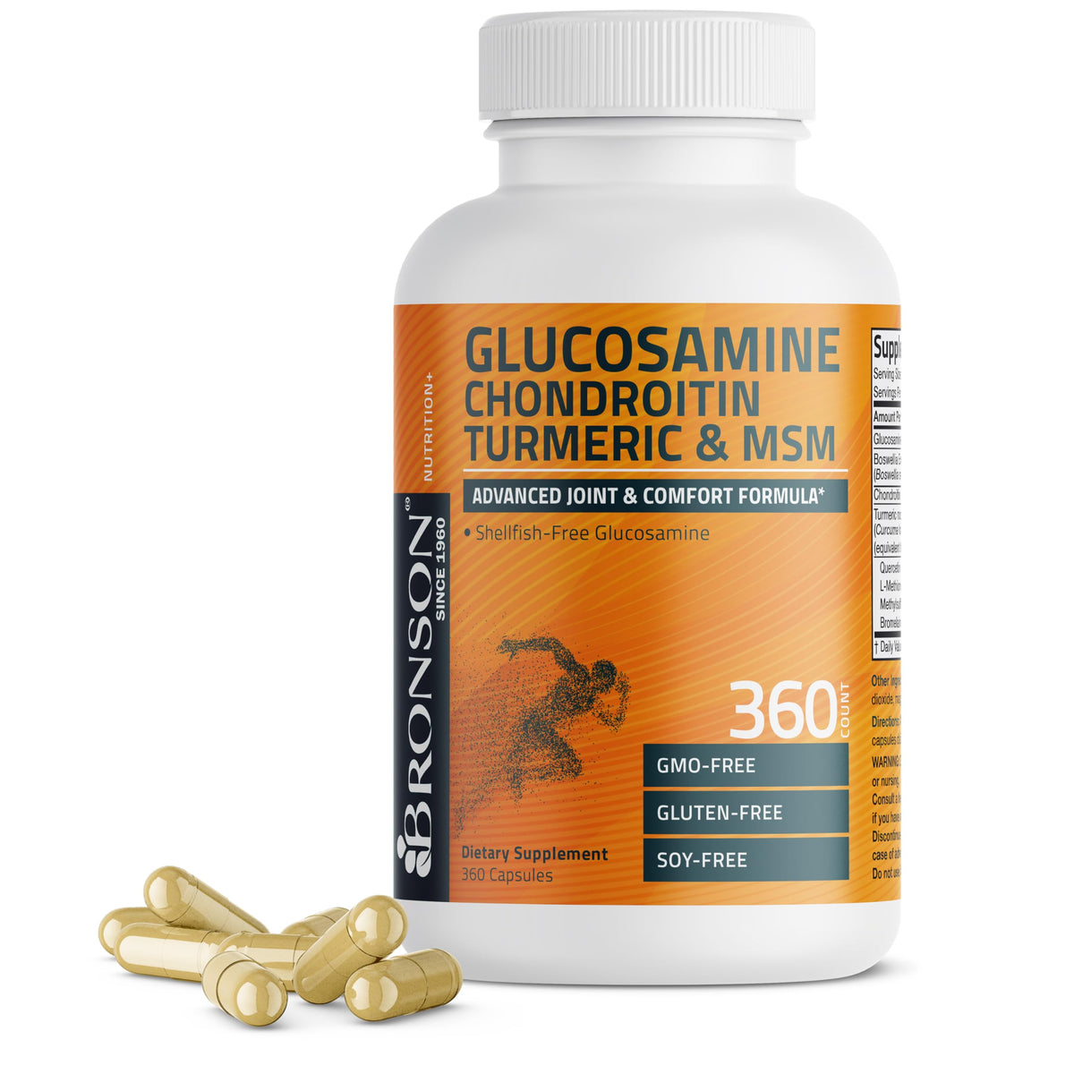 Bronson Glucosamine Chondroitin Turmeric MSM bottle shows joint support potential.