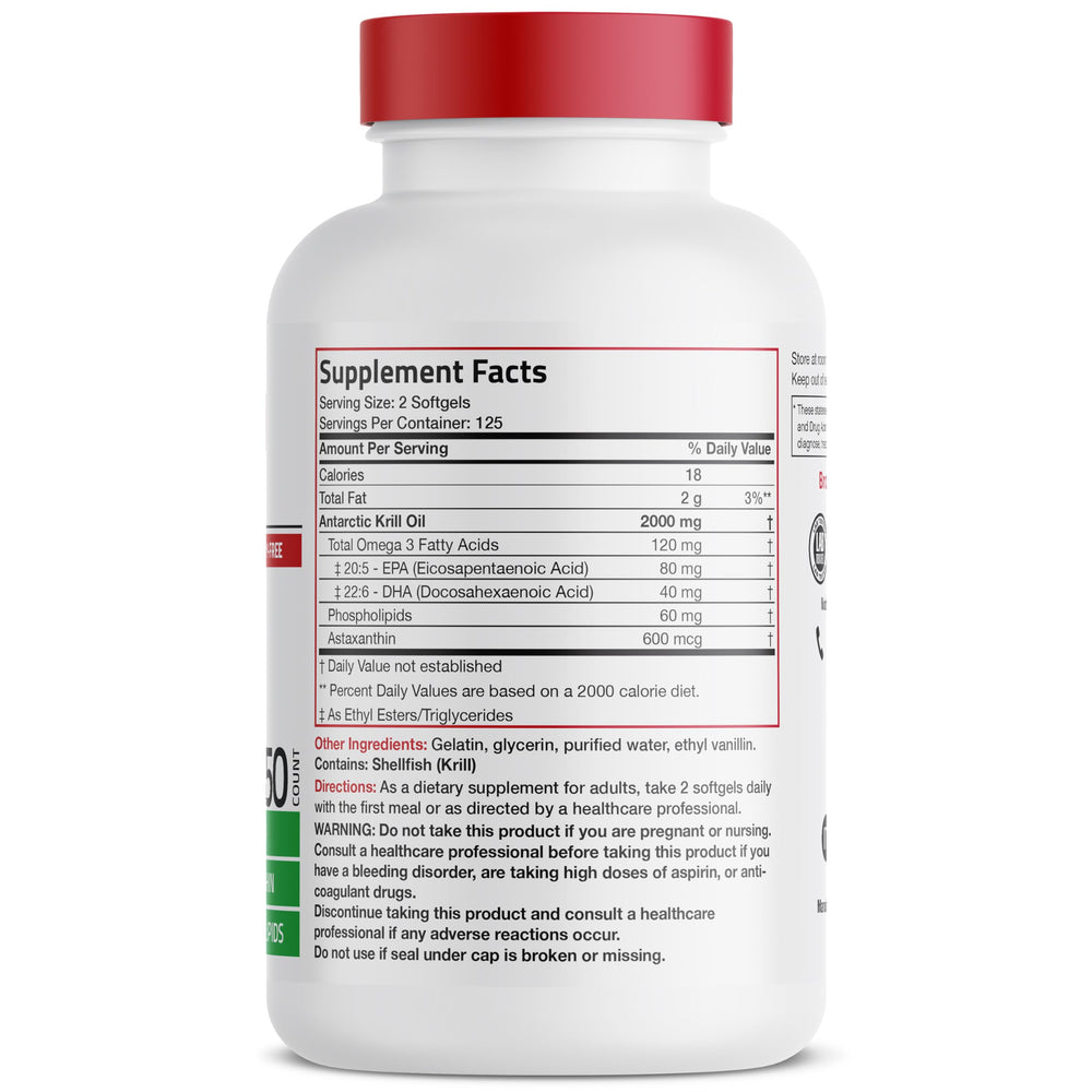 Bronson Krill Oil softgels shown for a convenient two-softgel serving.